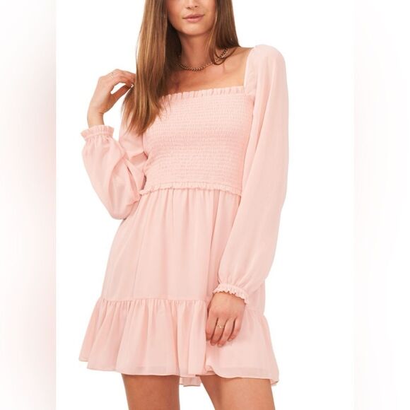 1. STATE Women’s Smocked Ruffle Hem Long Sleeve Dress in Peach Skin Size Small - Picture 1 of 6
